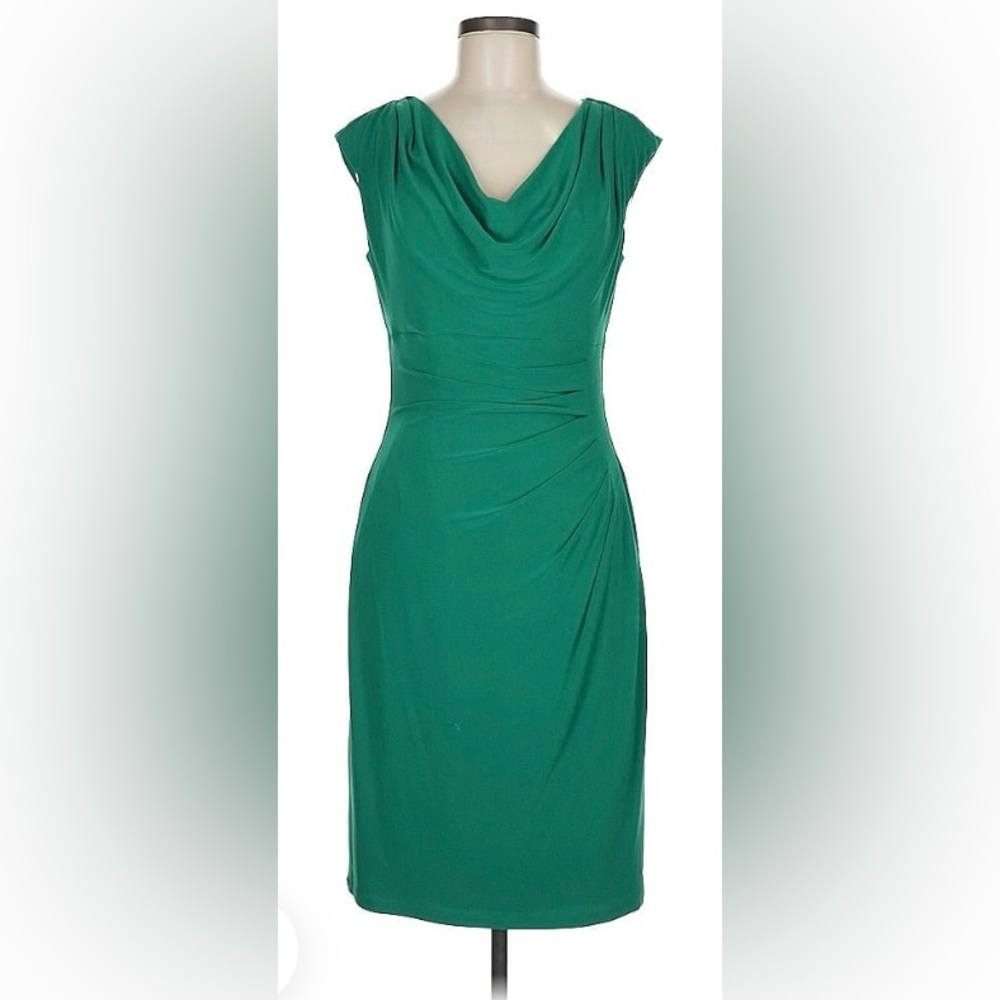 Lauren Ralph Lauren Green Ruched Sheath Cocktail Dress Size 8 stretch
